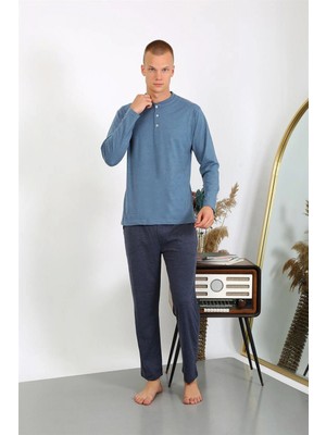 Marsilyan™-  Erkek Penye Uzun Kol Pijama Takımı 6860 Indigo