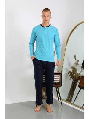 Marsilyan™-  Erkek Penye Uzun Kol Pijama Takımı 6860 Turkuaz