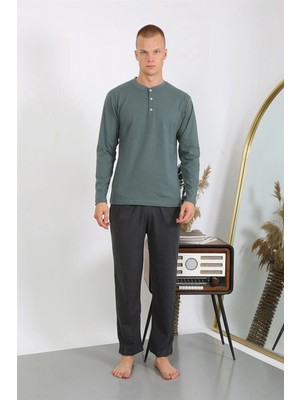 Marsilyan™-  Erkek Penye Uzun Kol Pijama Takımı 6860 Haki