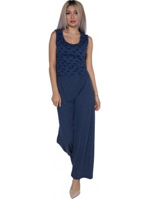 Marsilyan™-  Kadın Kalın Askılı Body Bol Paça Pantolon 2`li Takım Lacivert 4217