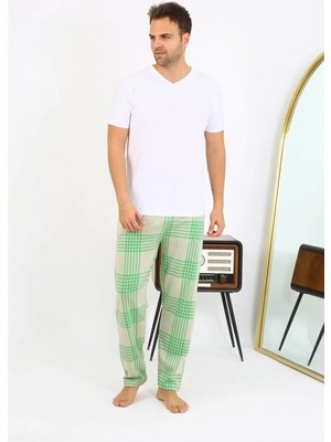 Marsilyan™-  Erkek Ekoseli Desen Penye Tek Alt Pijama 27540 Yeşil