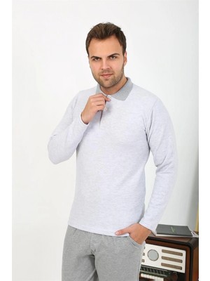 Marsilyan™-  Erkek Polo Yaka Uzun Kol Penye Pijama Takımı Gri 6864