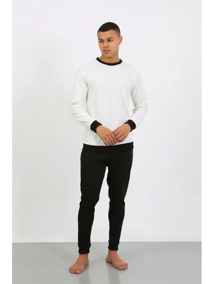 Marsilyan™-  Erkek Uzun Kol Manşetli Paça Penye Pijama Takımı 6870 Beyaz