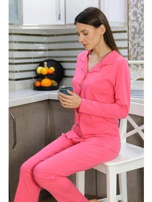 Marsilyan™-  Kadın Pamuk Penye Önden Düğmeli Uzun Kol Pijama Takım Pembe 2783