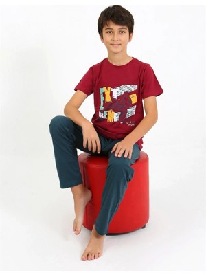 Marsilyan™-  Erkek Çocuk Kısa Kol Penye Pijama Takım 20758 Bordo