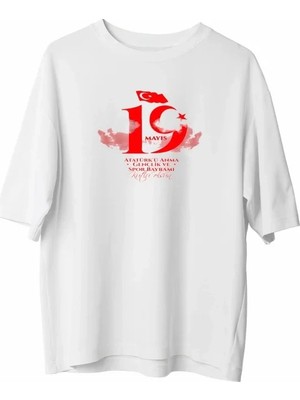 Defy Moda 19 Mayıs Atatürk Temalı Gençlik ve Spor Bayramı Bisiklet Yaka T-Shirt - Beyaz