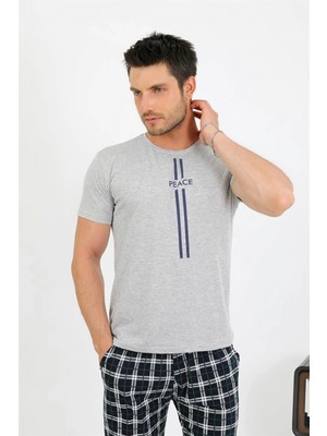 Marsilyan™-  Erkek Pamuk Kısa Kol Pijama Takım Gri 6875