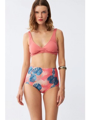 Marsilyan™-  Kadın Somon Pedli Üst ve Tropik Desenli Yüksek Bel Bikini Takımı