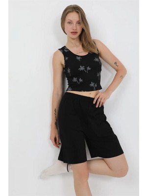 Marsilyan™-  Kadın Kalın Askılı Pamuk Penye Şortlu Crop Takım Siyah 3636