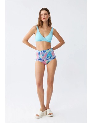 Marsilyan™-  Kadın Pedli Üst Tropik Desenli Yüksek Bel Bikini Takımı - Buz Mavisi