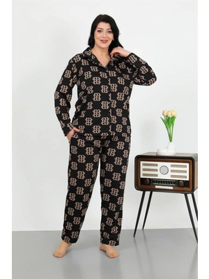 Marsilyan™-  Kadın Büyük Beden Pamuklu Cepli Düğmeli Siyah Pijama Takım 202506