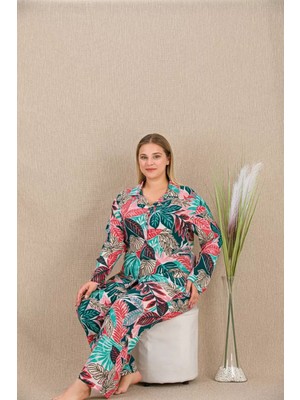Marsilyan- Büyük Beden Renkli Yaprak Desenli Düğmeli Uzun Kol Viskon Pijama Takımı
