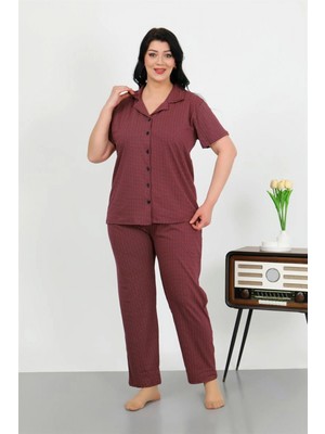 Marsilyan™-  Kadın Büyük Beden Pamuklu Cepli Düğmeli Mor Pijama Takım 202507