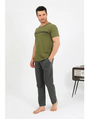 Marsilyan™-  Erkek Pamuk Kısa Kol Pijama Takım Haki 6875