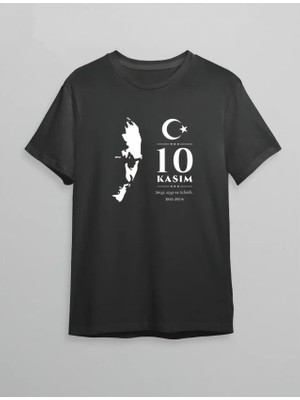 Defy Moda 10 Kasım Atatürk Anma Günü Silüet Baskılı Oversize Bisiklet Yaka T-Shirt - Siyah