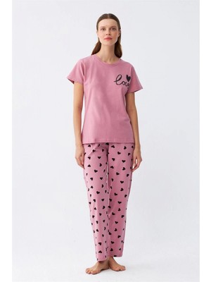 Marsilyan™-  Kadın Somon Kalp Desenli Kısa Kollu Penye Pijama Takımı