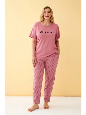 Marsilyan™-  Kadın Somon Go Getter Yazılı Büyük Beden Pijama Takımı