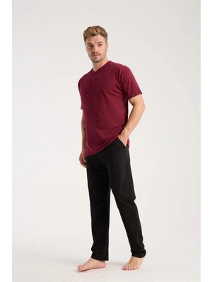 Marsilyan™-  Erkek Bordo Düğmeli Yaka Kısa Kol Pijama Takımı