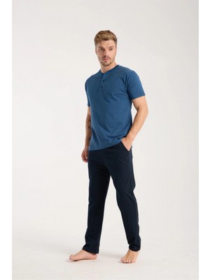 Marsilyan™-  Erkek Indigo Düğmeli Yaka Kısa Kol Pijama Takımı