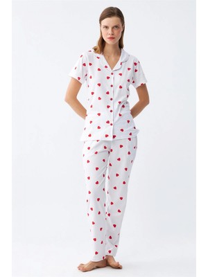 Marsilyan™-  Kadın Beyaz Kırmızı Kalpli Önden Düğmeli Pijama Takımı
