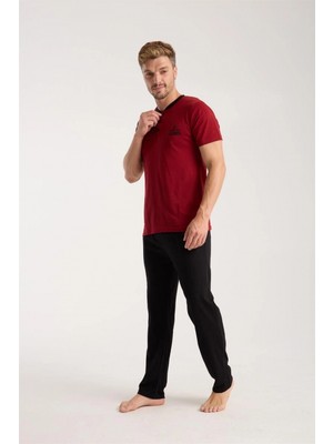 Marsilyan™-  Erkek Bordo Düğmeli Yaka Kısa Kol Pijama Takımı