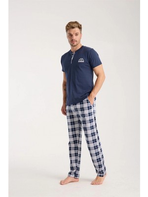 Marsilyan™-  Erkek Lacivert Düğmeli Yaka Kısa Kol Pijama Takımı