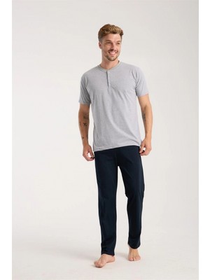 Marsilyan™-  Erkek Gri Düğmeli Yaka Kısa Kol Pijama Takımı