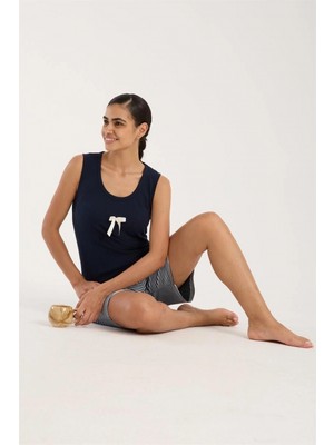 Marsilyan™-  Kadın Lacivert Kurdele Detaylı Çizgili Şortlu Pijama Takımı