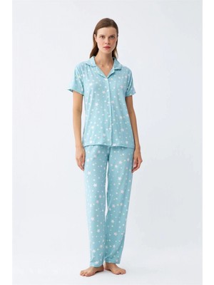 Marsilyan™-  Kadın Buz Mavisi Yıldız Desenli Önden Düğmeli Pijama Takımı