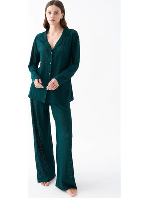 Marsilyan™-  Kadın Zümrüt Yeşili Önden Düğmeli Rahat Kesim Pijama Takımı