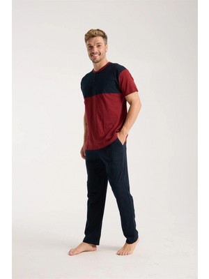 Marsilyan™-  Erkek Bordo Düğmeli Yaka Kısa Kol Pijama Takımı