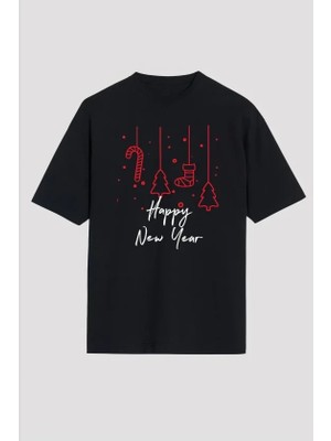Defy Moda Yılbaşı Happy New Year Baskılı Kısa Kollu Oversize Bisiklet Yaka T-Shirt - Siyah