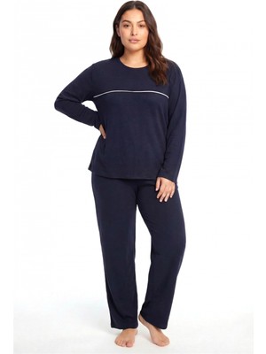 Marsilyan™-  Büyük Beden Şerit Detaylı Kalın Uzun Kollu Kadın Pijama Takımı  Lacivert