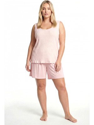 Marsilyan™-  Kadın Büyük Beden Fitilli Şortlu Pijama Takımı – Pudra