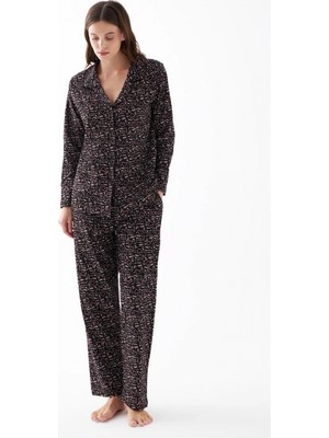 Marsilyan™-  Kadın Siyah Düğmeli Kalp Desenli Pamuklu Pijama Takımı