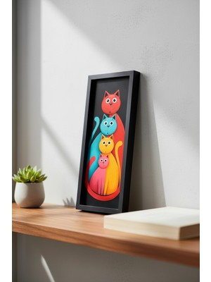 Modern Renkli Kedi Tablosu 25X60 cm Çerçeveli Minimal Duvar Dekor