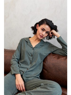 Marsilyan™-  Kadın Haki Düğmeli Pamuklu Pijama Takımı