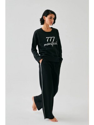 Marsilyan™-  Kadın Siyah 777 Manifest Oversize 2 Iplik Eşofman Ev Giyim Takımı