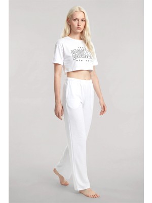 Marsilyan™-  Baskılı Crop T-Shirt Pantolon Takım Beyaz
