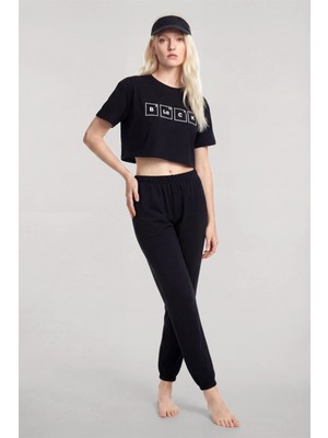 Marsilyan™-  Baskılı Crop T-Shirt Pantolon Takım Siyah