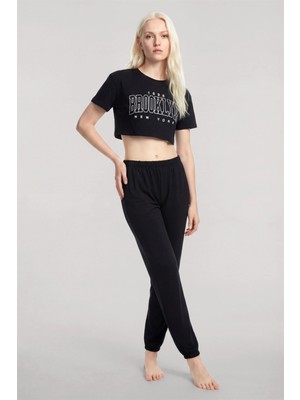 Marsilyan™-  Crop T-Shirt Pantolon Takım Siyah