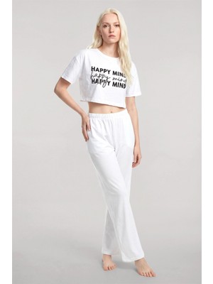 Marsilyan™-  Baskılı Crop T-Shirt Pantolon Takım Beyaz