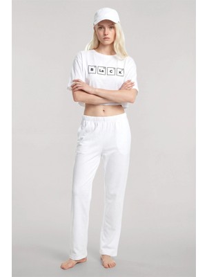 Marsilyan™-  Baskılı Crop T-Shirt Pantolon Takım Beyaz