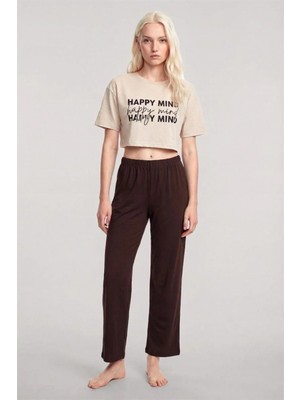 Marsilyan™-  Baskılı Crop T-Shirt Pantolon Takım Kum Kahve