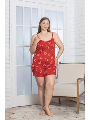 Asel Büyük Beden Kalp Desen Şortlu Likralı Milan Kumaş Pijama Takım