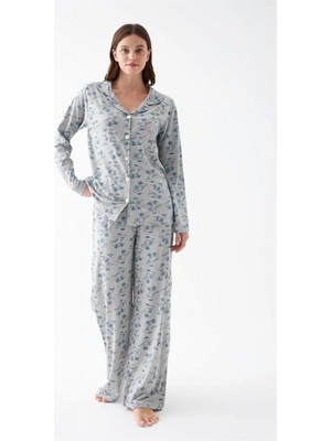 Marsilyan™-  Kadın Gri Desenli Düğmeli Pamuklu Pijama Takımı