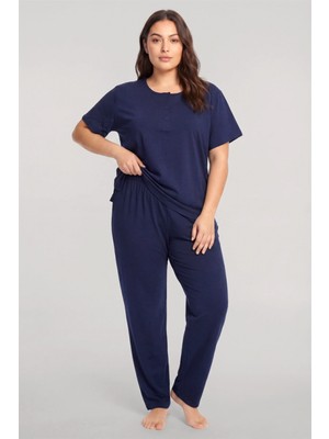Marsilyan™-  Büyük Beden Düğmeli Kısa Kollu Pijama Takımı Lacivert