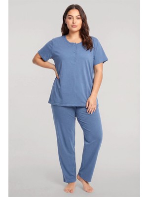 Marsilyan™-  Büyük Beden Düğmeli Kısa Kollu Pijama Takımı Mavi
