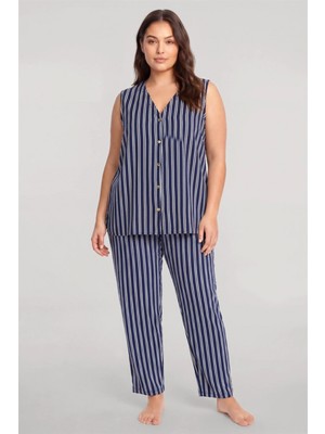 Marsilyan™-  Büyük Beden Lacivert Çizgili Yelekli Yazlık Pijama Takımı
