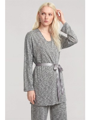 Marsilyan™- Yumuşak Dokulu Dökümlü Kısa Kimono Gri Melanj